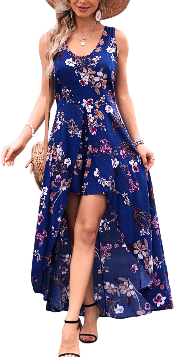 Kormei Womens Sleeveless Scoop Neck Floral Rayon Party Split Maxi Romper Dress M Blue&Purple - Image 1